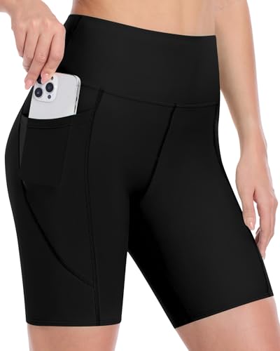Runhit Women's Swim Board Shorts Swimsuit Bathing Suit Bottom UPF50+ High Waisted Tummy Control Quick Dry Pockets Liner 7" 2XL Black
