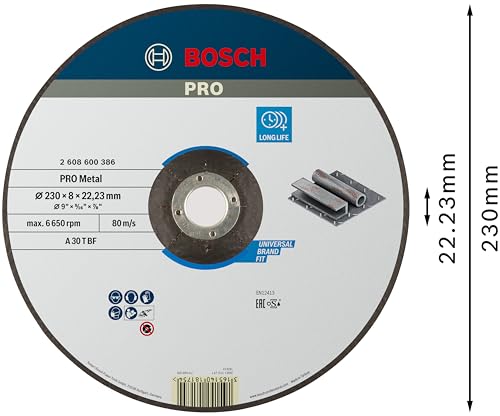 Bosch 1x PRO Metal Longlife Schleifscheibe für große Winkelschleifer und 22,23‑mm-Bohrung (für Stahl, Ø 230 mm, Professional Zubehör Großer Winkelschleifer)