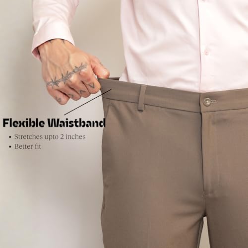 Image of SUBTRACT Men 4 Way Stretch Wrinkle Free Slim Fit Formal Trouser in with 2 Inch Flexible Waistband | Men's Trousers for Office Or Party