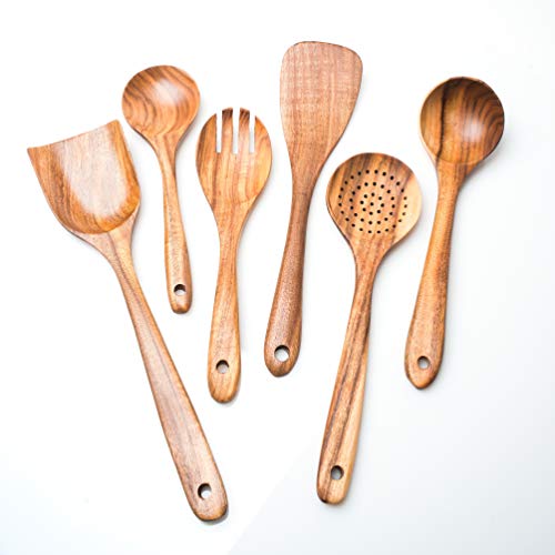 6 Piece Handcrafted Natural Teak Kitchen Utensils Set - Cooking Utensils Set