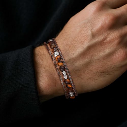 Pulsera trenzada marrón de cuero con ojo de tigre para hombre y mujer miniatura 5