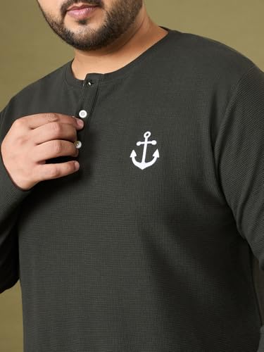 Image of Bigbanana Men Plus Size Solid Dark-Brown Full Sleeve Henley Tshirt