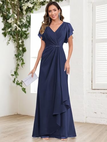 Long Mother of The Bride Dresses for Women Wedding Chiffon Ruffles Beaded V-Neck Formal Evening Dress4