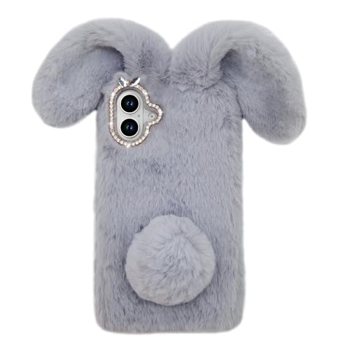 Bonitec Compatible with iPhone 16 Faux Rabbit Case, Bling Fur Case for Girls Luxury Cute Warm Handmade Faux Rabbit Bunny Furry Fuzzy Fluffy Soft 3D Ear Hair Plush Protective Case Cover for Women Grey