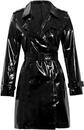 Yolo Jackets Women's Wet Look PVC Patent Faux Leather Outdoor Fashion Clothing Shiny Glitter Double-Breasted Trench Coat