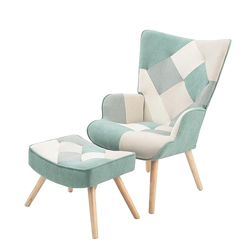 Dolonm Accent Chair with Ottoman Set Modern Lounge Wingback Armchair with Footrest Single Sofa Reading Chair with Solid Wood Legs for Bedroom Living Room (Blue)