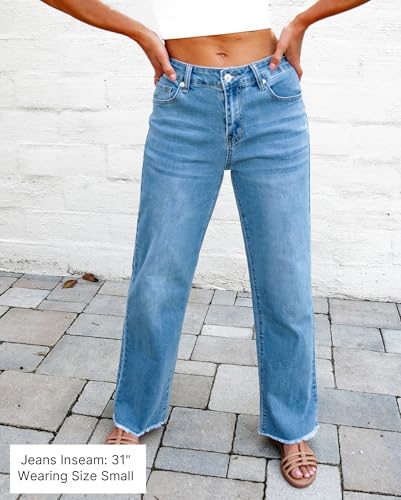 Vetinee Baggy Jeans Damen Straight Leg High Waist Ausgefranster Saum Stretch Jeans – Bild 5