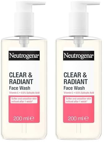 Image of Neutrogena Clear & Radiant Facial Wash (2x 200ml), Clarifying Face Wash for Normal Skin Types, Brightening Cleanser with Vitamin C and Pink Grapefruit for Clearer, Radiant Complexion