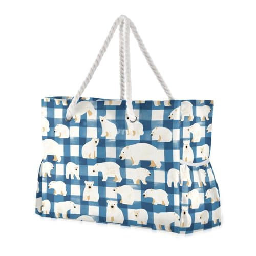 Blue White Polar Bears Sturdy Bag Sports Tote Gym with side pocketes Big Tote Bags for Pool Gym Grocery Travel