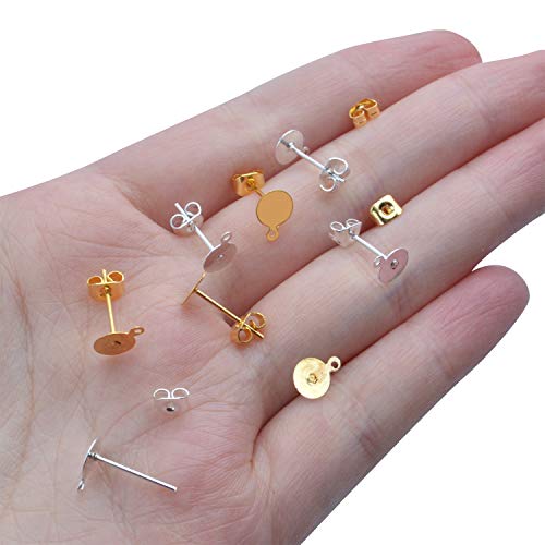 200Pcs Stainless Steel Earrings Posts Flat Pad With Loop And 200Pcs Butterfly Earring Backs For Earring Making,Gold & Silver #TOP3