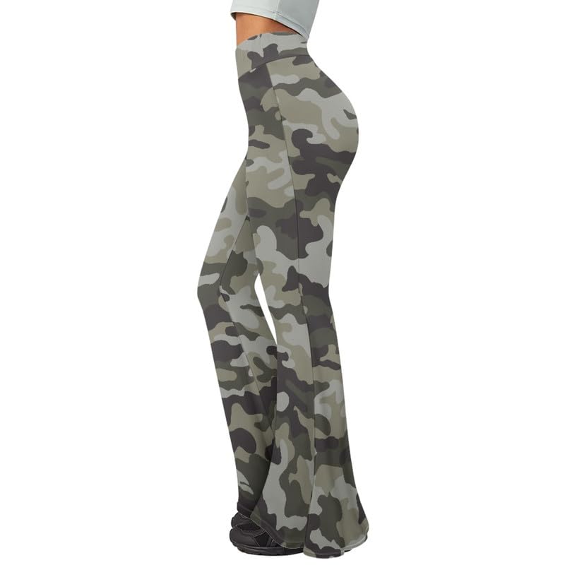 Irisjudy Gray Camouflage Women's Bootcut Yoga Pants Abstract Camo Print Flare Leggings Fashion Casual Tights High Waisted Bootleg Pants Petite/Regular/Long