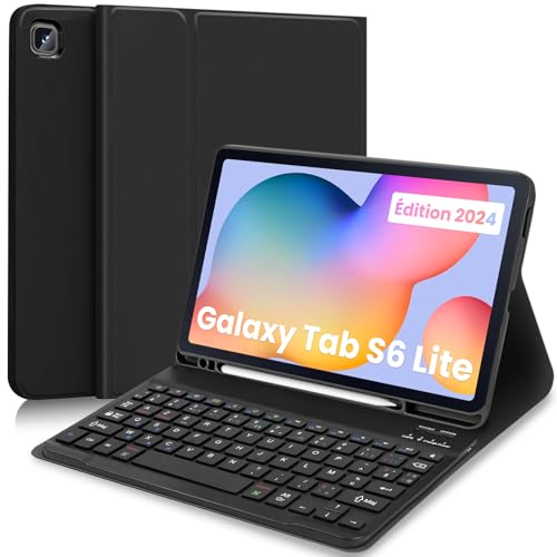 YUEJIDZ Coque Français Clavier pour Samsung S6 Lite 2024, Clavier Bluetooth AZERTY avec étui de Protection en Cuir Intelligent pour 10.4“ Samsung Galaxy...