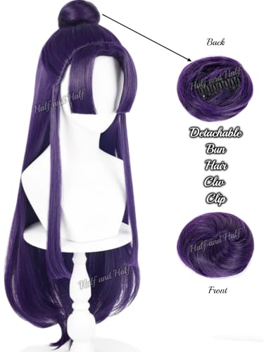 Image of Half and Half Jinshi Cosplay Wig Long Straight Dark Purple Anime Wigs with Bangs & Bun 33'' Deep Purple Wigs for Unisex Halloween Costumes Party