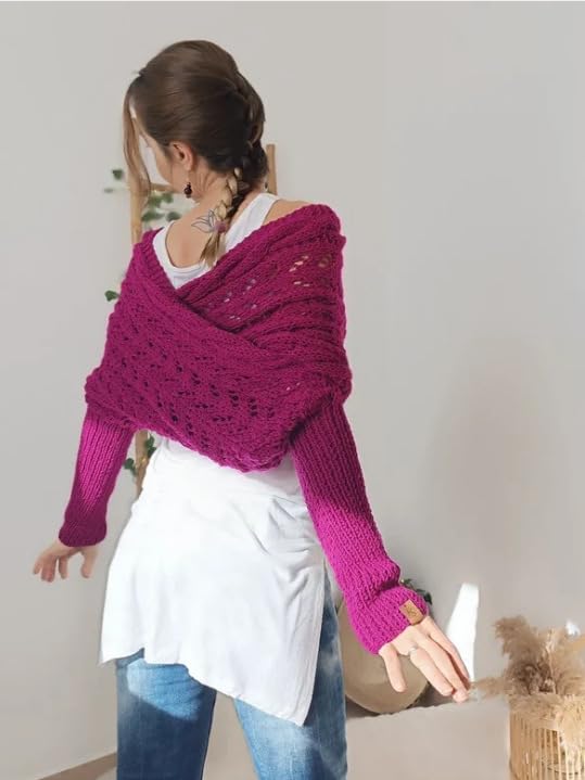 Knitted Cable Shrug, Scarf with Sleeves Wrap for Women3