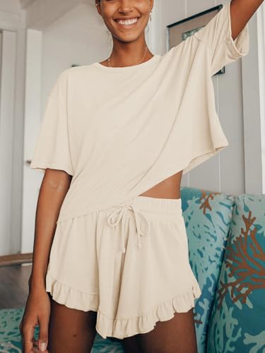 Image of Tankaneo Womens 2 Piece Shorts Set Summer Casual Short Sleeve T Shirts Drawstring Ruffle Shorts Pajamas Lounge Set