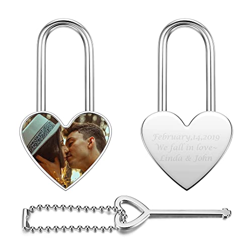 PiercingJ Padlock with Key Personalized Love Heart Lock Customized Photo Engraving Wish Lock for Couple Friends Birthday Christmas Valentine's Day Gift