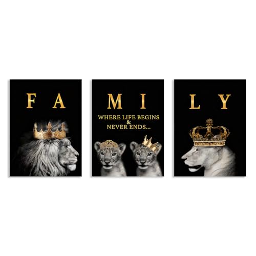 Aroutde 3Pcs Lion Family Canvas Wall Art Inspirational Quotes Wall Decor Lion King and Queen with Gold Crown Picture Motivational Black and White Animal Printing for Living Room Office(11x14in*3pcs, Unframed)