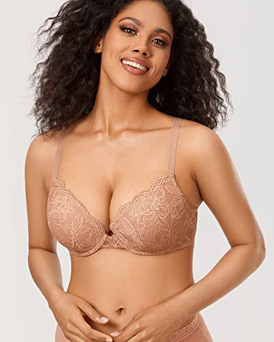 Image of DOBREVA Women's Push Up Lace Bra Underwire Plunge Full Coverage Bras Sexy Plus Size Support