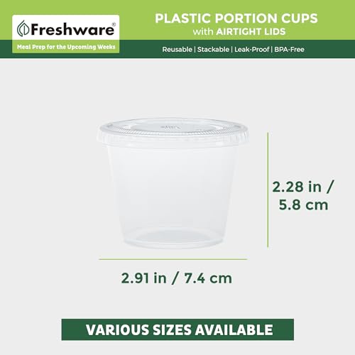 Image of Freshware Plastic Portion Cups with Lids [5.5 Ounce, 200 Sets] Souffle Cups, Jello Shot Cups, Condiment Sauce Containers For Sampling, Sauce, Snack or Dressing