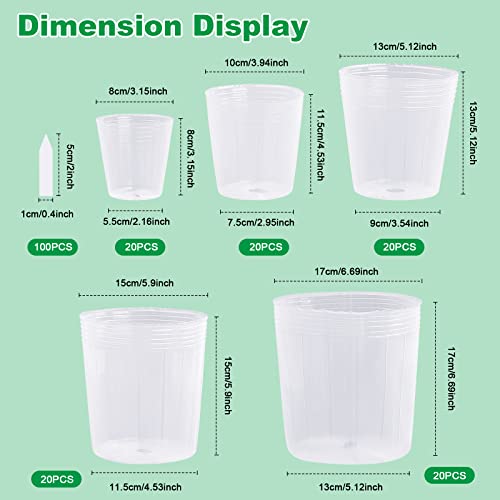 100Pcs Plant Nursery Pots Clear Plastic Pot 5/4.5/4 /3.5/2.5 Inch Seed Starting Pot with 100Pcs Plant Labels Planting Containers with Drainage Hole for Seedlings Flower Vegetable