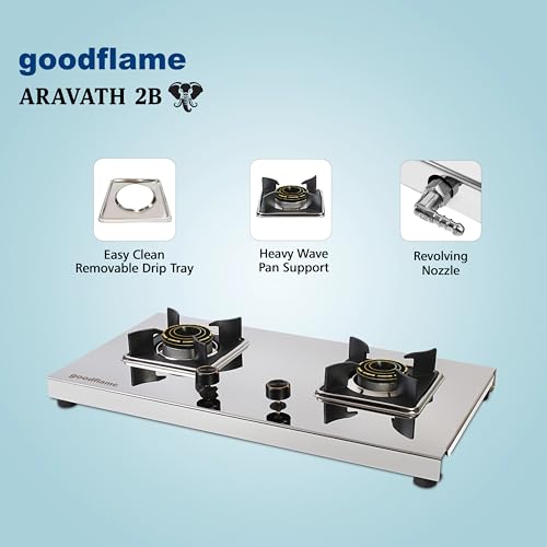 Image of goodflame Aravath 2 Burner Stainless Steel Gas Stove for Kitchen | Heavy 2MM SS Body | Brass Burners | 2 Year Warranty | ISI Certified | Manual Ignition | LPG Ready and PNG Compatible, (Silver)