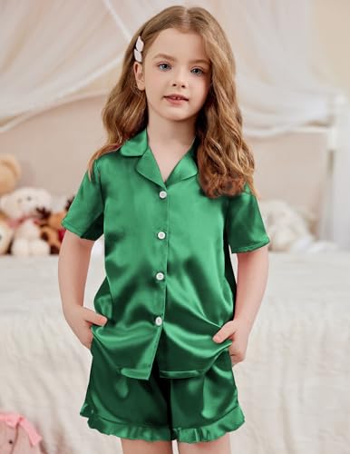 Image of Arshiner Girls Pajamas Silk Satin Pajama Set Button Pjs Ruffle Sleepwear | 2 Piece Nightwear, Silky Soft Lounge for Little & Big Kids, Ideal for Sleeping and Sleepover Party