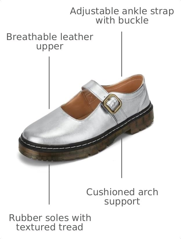 Image of Women's Mary Jane Flat Shoes Comfort Platform Buckle Ankle Strap Flats Breathable Slip On Lightweight Office Work Shoes Silver,8 US