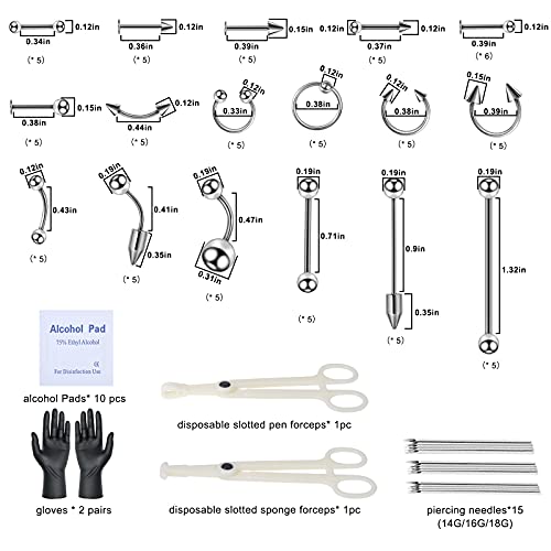 114 Pcs Body Piercing Kit, Stainless Steel Industrial Piercing Kit With 14G 16G 18G Piercing Needles Clamps For Belly Button Lip Tongue Nose Septum Ear Cartilage Body All Professional Piercings #TOP2