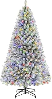 SHareconn 6ft Pre-Lighted Faux Hinged Snowflake Flocked Christmas Tree with 470 Warm White/Multi-Colored Lights, Foldable Metal Stand, Lifelike, Perfect for Home Office Christmas Ornaments, 182CM