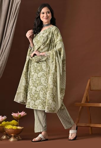 Image of Amazon Brand - Tavasya Women Cotton Anarkali Kurta Pant Dupatta Set | Printed Ethnic Suit Set | Flared Anarkali Kurta with Pant & Dupatta | Festive & Casual Wear