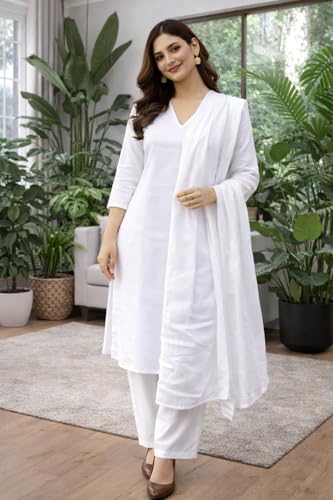 Image of Women's Pure Cotton White plain Salwar Suit | solid Coord Set with Duppatta