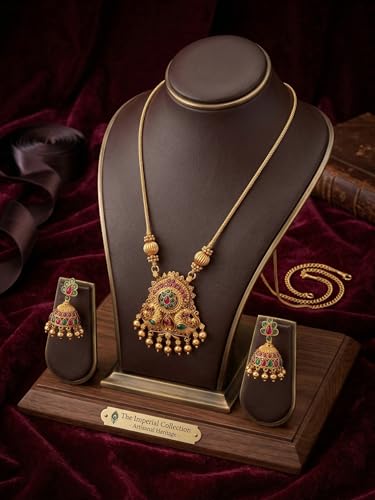 Image of Traditional Gold-Plated Lakshmi Temple Pendant Necklace Set for Women | Antique South Indian Jewelry with Jhumka Earrings | Ethnic Bridal, Wedding & Festive Jewelry Set