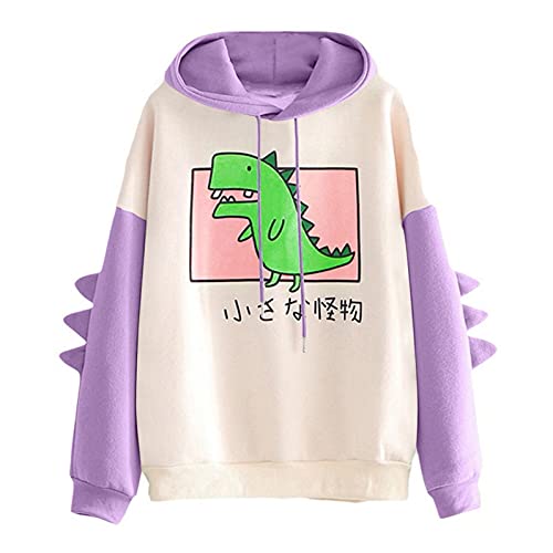 Aniywn Women s Dinosaur Sweatshirt Long Sleeve Print Splice Tops Cartoon Cute Hoodies Teens Girls Casual Pullover Purple