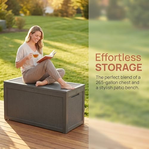 Image of 265 Gallon Resin Deck Box Outdoor Storage Chest, Large Waterproof Patio Storage Box, All-Weather Garden Storage Container for Cushions, Pool Supplies, Yard Tools - Easy Assembly, Lockable Lid
