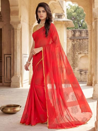 Image of SAREE MALL Women's Red Chiffon Floral Embellished Saree With Unstitched Blouse Piece (DOLY2604 AI2)