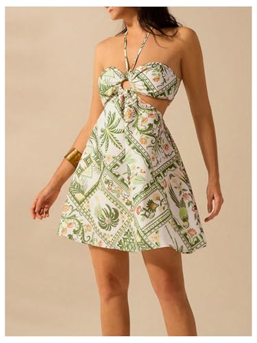 MakeMeChic Women's Summer Tropical Print Mini Dress Sundress 2025 Halter Backless Cut Out Short Dresses3