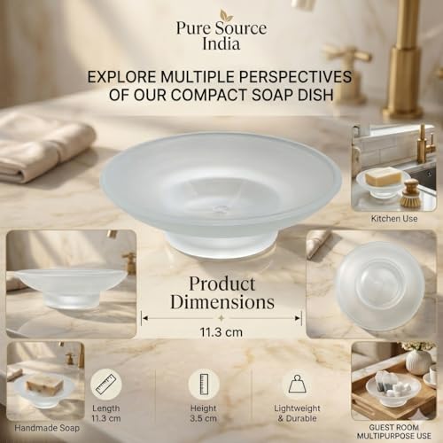 Image of Pure Source India Glass Soap Dish for Bathroom Or Kitchen, (3.25 cm)
