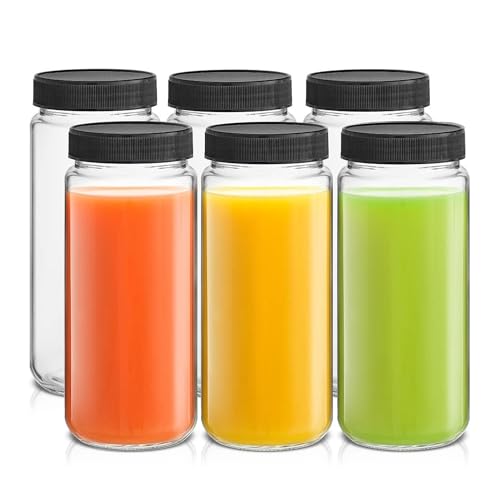 AYHOJIO 500ml Glass Juice Bottles with Lids 16 oz Wide Mouth Drinking Jars Reusable Leakproof Smoothie Containers for Fridge Cold Brew Iced Coffee Black Lids Set of 6
