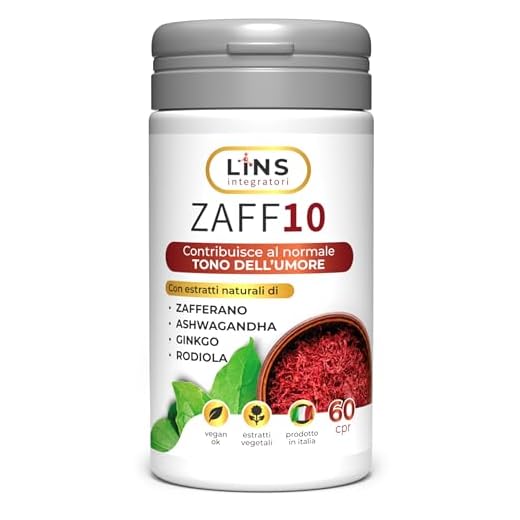 LINS Zaff10 Integratore ansiolitico naturale, riduce il Nervoso e lo Stress, regola l'Umore, migliora il Sonno, con Zafferano, Ashwagandha, Ginkgo Biloba e Rodiola, 1 confezione da 60 cprs