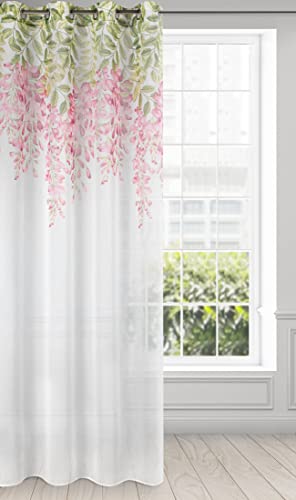 Eurofirany Julieta 382706 Rideau à Oeillets Motif Fleurs Transparentes Aspect Lin Clair pour Salon Cuisine Chambre Enfant Chambre à Coucher Blanc et Rose 140 x 250 cm