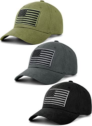 KIRAAT 3 Pack American Flag Baseball Cap Unisex Low Profile USA Plain Dad Hat for MenWomen (BlackGreyGreen)