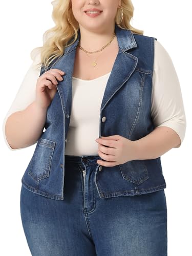 Agnes Orinda Plus Size Denim Vest for Women Lapel Sleeveless Button Down Classic Jean Jacket Vest
