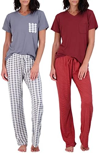 2 Pack: Women’s Pajama Sets Ladies Short Sleeve V-Neck Tops Pants Bottoms Bamboo Pijama Mujer comfy Soft PJ fashion Sleepwear Lightweight Fall Clothing Silky Sleep Lounge Night Wear,Set 1-XL