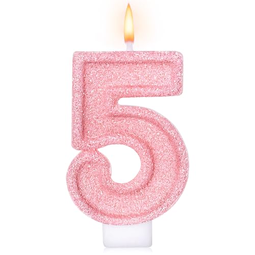 Cute Number 5 Birthday Candle Glitter Pink Number Candles Birthday Cake Topper Decoration Party Supplies Anniversary Celebrations