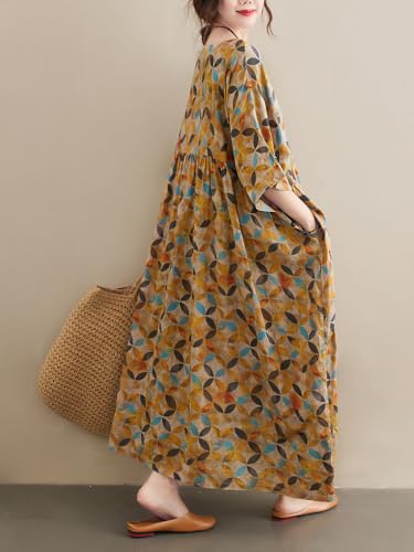 Women Plus Size Casual Dresses Loose Vintage Printed Summer Dresses Round Neck with Side Pockets Yellow Brown4