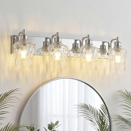 Image of Bathroom Light Fixtures Farmhouse Chrome Vanity Lights for Bathroom Lighting Fixtures Over Mirror with Hammered Glass Lampshade for Cabinet Mirror Bedroom Hallway 4 Light