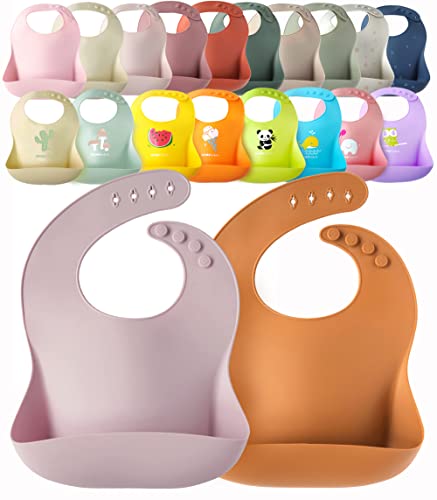 Image of YMCF Products 2-Pack Waterproof Silicone Baby Bib Lightweight Comfortable Easy-Wipe Clean (Cloud/Marigold, Large)