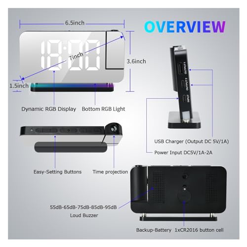 Reloj proyector digital LED contra el sueño profundo con cargador de móvil 8