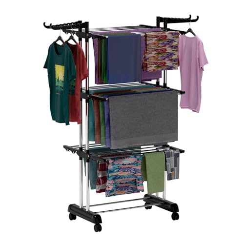 Image of TEKCOOL Foldable Cloth Drying Stand Stainless Steel - 3 Tier Heavy-Duty Clothes Dryer for Balcony, Indoor & Outdoor Use | with Wheels & Hanger Slots | Rust-Proof Laundry Rack (Black, 3 TIRE):;