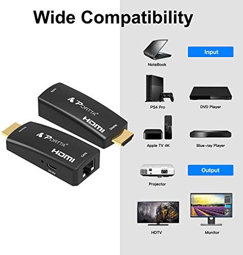 Portta HDMI Extender Mini Extension 50m (164ft) Single Cable CAT6 Lossless Transmission Support Full HD 3D 1080P Micro USB with USB Plug